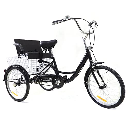 Jolre Triciclo da 20 pollici per adulti, 3 ruote bicicletta, bici per adulti, triciclo da crociera con seggiolino e cestino per la spesa,per anziani adulti e donne, nero.