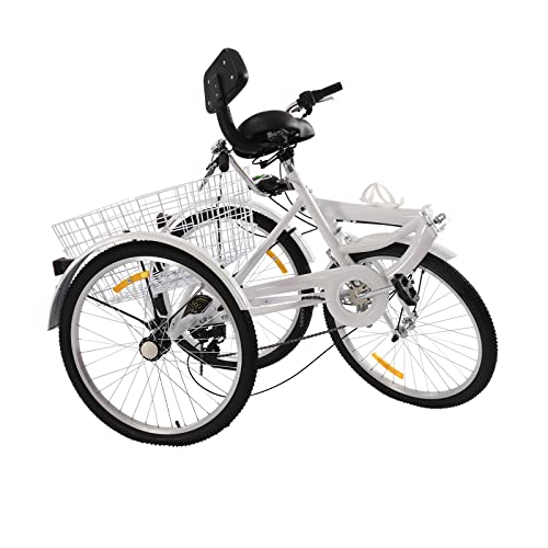 3 Ruote Bici a 7 Velocità Triciclo Adulto Pieghevole Triciclo, Biciclette a Tre Ruote per Adulti con Portabicchieri d'acqua e Faro per Sport all'aria Aperta(bianco)
