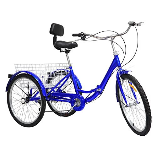 HuKaiL triciclo da 24 pollici per adulti, triciclo pieghevole a 7 marce, con cestino e schienale, cuscino da seduta, 3 ruote per adulti, anziani, donne e principianti, blu