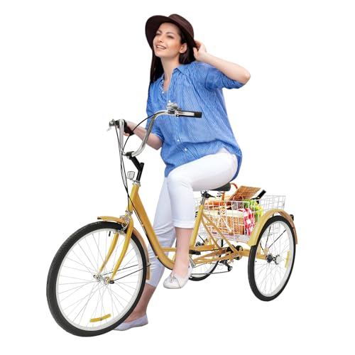 GAOUSD Triciclo adulto 24 pollici bicicletta 3 ruote adulto con cestello triciclo adulto regolabile in altezza con parafango e maniglia, triciclo adulto a 6 velocità per uomo, donna, anziano (giallo)