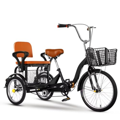 Triciclo per adulti pieghevole,triciclo tandem 16 pollici con sedile posteriore per anziani,triciclo da crociera 3 ruote con freni sensibili,sella e manubrio regolabili in altezza,triciclo da carico