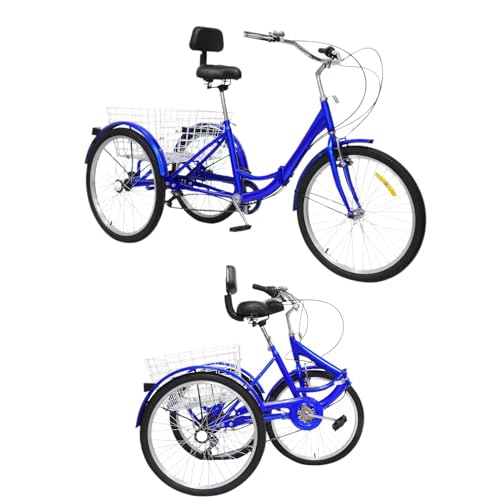 UYRTOY Bicicletta pieghevole da 24 pollici, triciclo adulto 7 velocità, bicicletta a tre ruote, triciclo con cestino portaoggetti cuscino con schienale, per adulti, anziani e principianti, suoneria