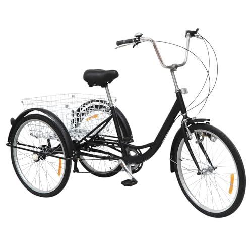 Akuoyiexemye 24 pollici triciclo per adulti Cruise Bike in acciaio ad alto tenore di carbonio con luce e cestino, 3 ruote bici da città, 6 marce, portata 120 kg (nero)