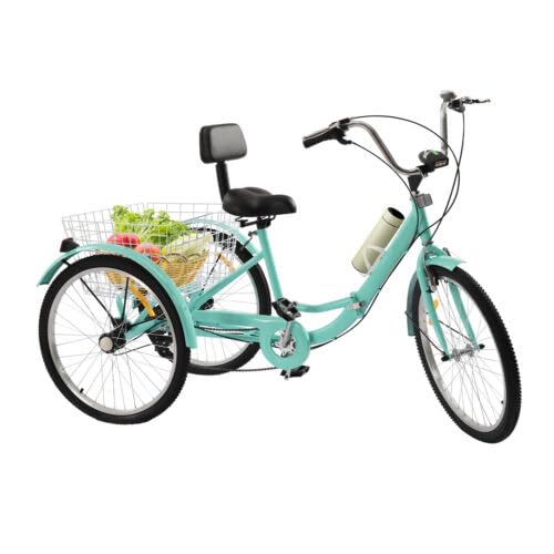 awolsrgiop - Triciclo per adulti da 24” (60 cm), pieghevole, 3 ruote, 7 marce, cruise bike, con luce a LED, con cestino e porta-borraccia, colore turchese
