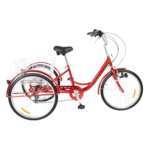 KumuJ Triciclo da 24 pollici, per adulti, 6 marce, con cestino per la spesa, cuscino per bicicletta, schienale triciclo, 3 ruote, per adulti, per attività all'aperto (rosso)