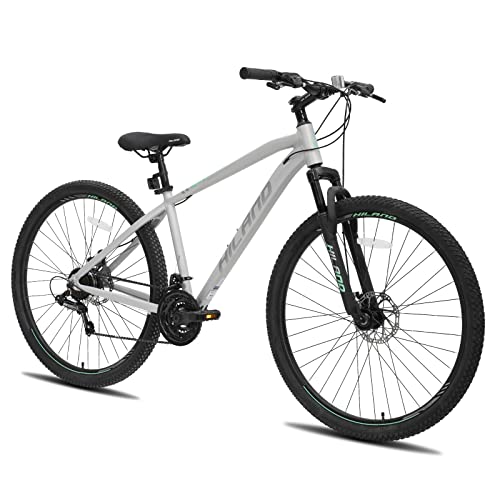 HILAND Mountain Bike Hardtail MTB 29 Pollici Cambio Shimano 21 Velocità con Telaio in Alluminio, Freno a Disco e Forcella Ammortizzata, Argento, Bici per Uomo e Donna