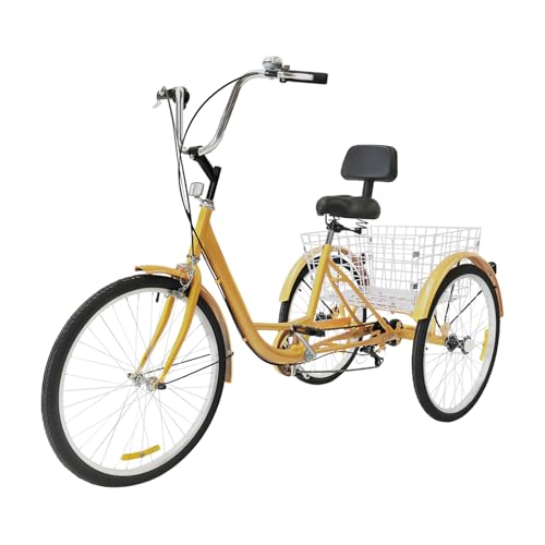 WooDerson Bicicletta a tre ruote da 24 pollici, per adulti, schienale della sella, in acciaio al carbonio, 6 marce, carico massimo 95 kg, triciclo per anziani con cestello, per pavimenti in asfalto in