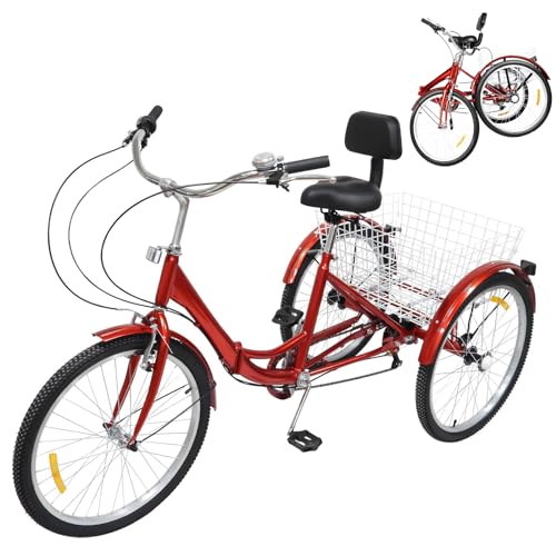 XUEMANSHOP - Triciclo per adulti da 24 pollici, triciclo con schienale e cestino della spesa, 3 ruote e 7 velocità, bici da crociera pieghevole