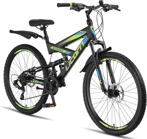 Licorne Bike Strong D 26' mountain bike Fully, adatto a partire da 150 cm, freno a disco anteriore e posteriore, cambio a 21 marce, sospensioni complete, per ragazzi, Nero/Blu/Lime