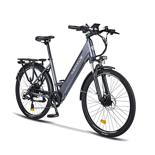 nakxus Bicicletta elettrica 26M208, bicicletta elettrica da 26', da trekking, con batteria al litio da 36 V, 13 Ah, fino a 60 KM, motore da 250 W, compatibile con l'UE, colore: grigio