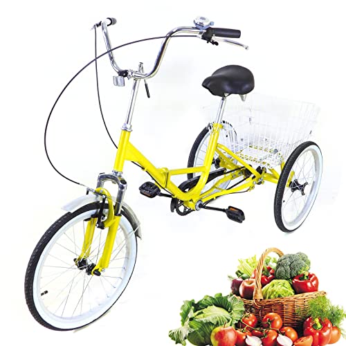 20 pollici biciclette pieghevoli triciclo per adulti,bici pieghevole singola velocità 3 ruote bicicletta triciclo parata triciclo con seggiolino per bambini e cestino per la spesa per conducenti di