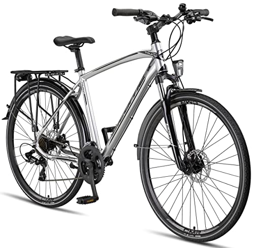 Licorne Bike Premium Touring Bike da trekking in alluminio da 28 pollici, per ragazzi, ragazze, donne e uomini, cambio a 21 marce, mountain bike, crossbike (uomo, argento)