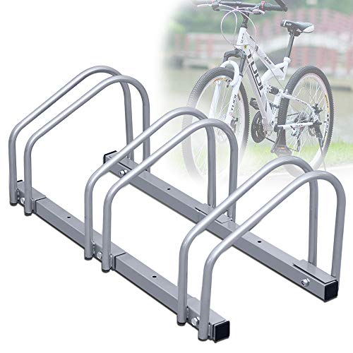 Gimisgu Supporto per 3 biciclette da 35-55 mm di larghezza per pneumatici, supporto multiplo, supporto per ruota, parcheggio a terra, altezza 26 x 70,5 x 32 cm, colore: argento
