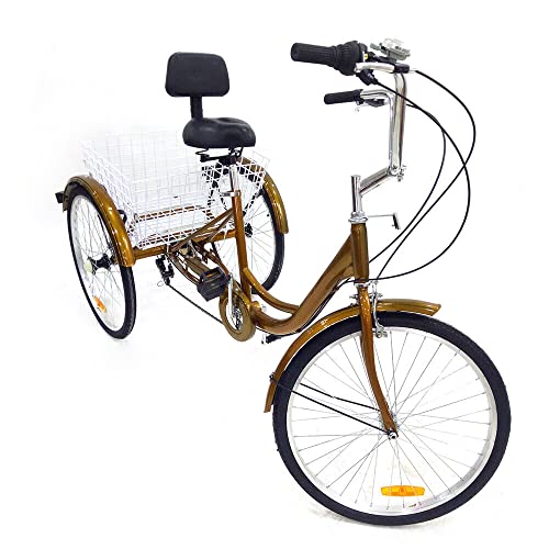 24 pollici triciclo adulto 6 velocità bicicletta a tre ruote Premium bike triciclo con cestino con parafango strisce riflettenti che oro shopping picnic Sport all'aperto anziani