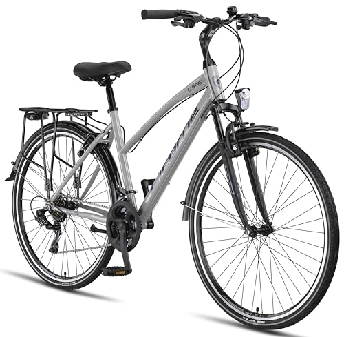 Licorne Bike Bicicletta da trekking Premium da 28 pollici, adatta a uomini, donne, ragazzi e ragazze, con cambio a 21 marce, L-V-ATB, Donna, grigio/nero, 28 inches